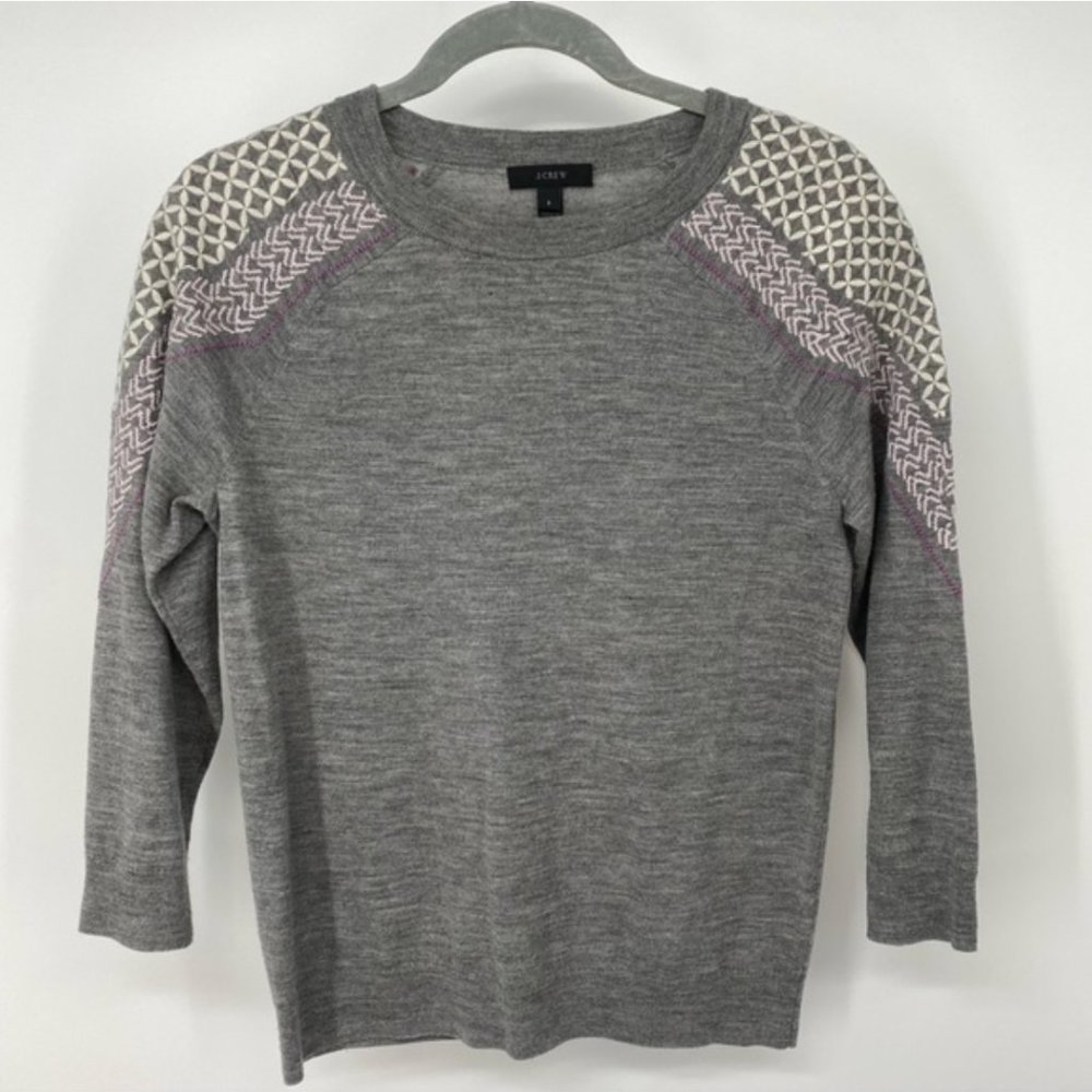 J.Crew: Tippi Gray Embroidered Shoulder Merino Wool Crew Neck Sweater